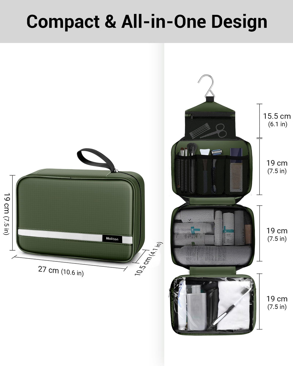 Maliton Toiletry Bag waterproof-nylon protects contents during travel and wet conditions.