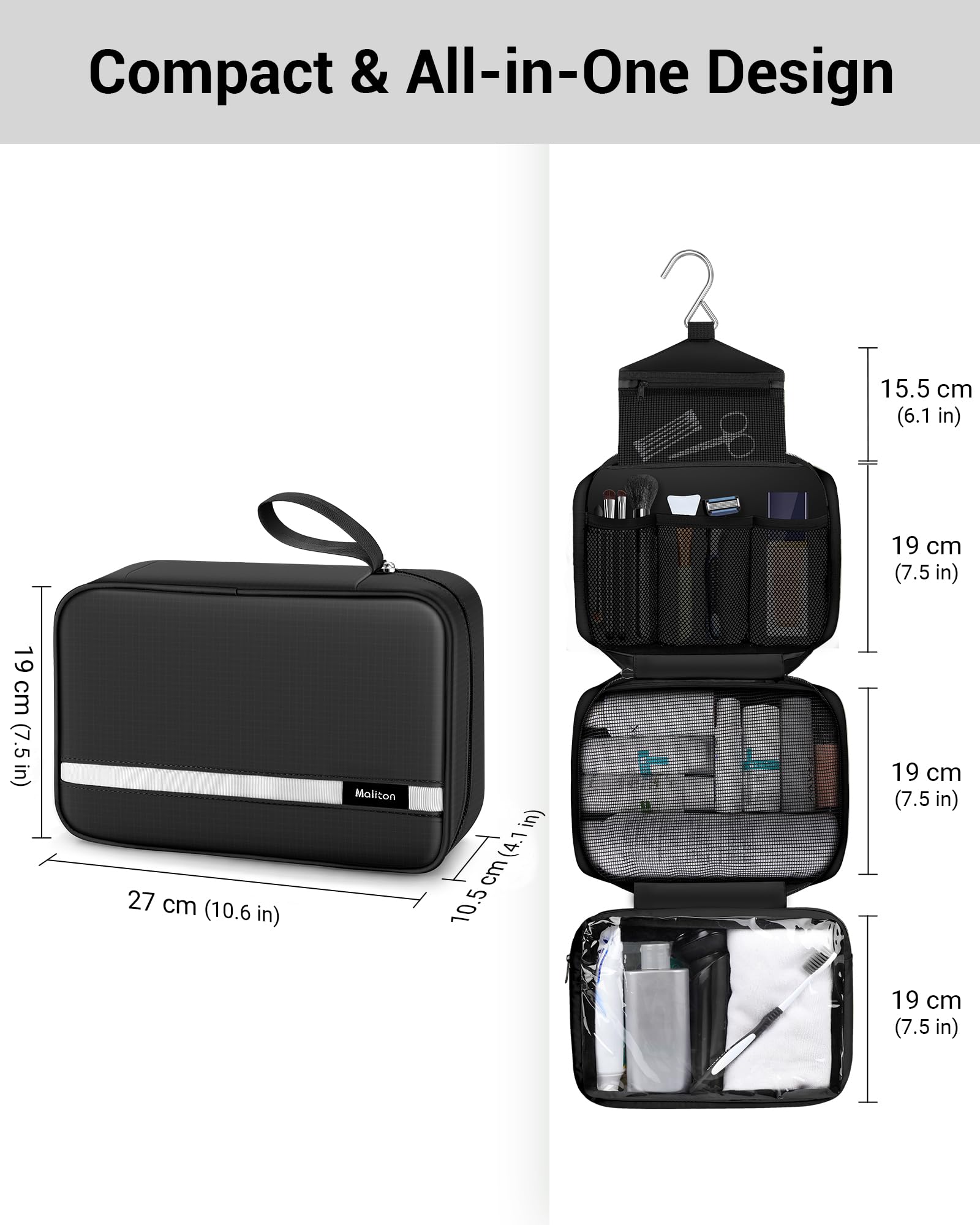 Maliton waterproof nylon material protects items during showers and flights.