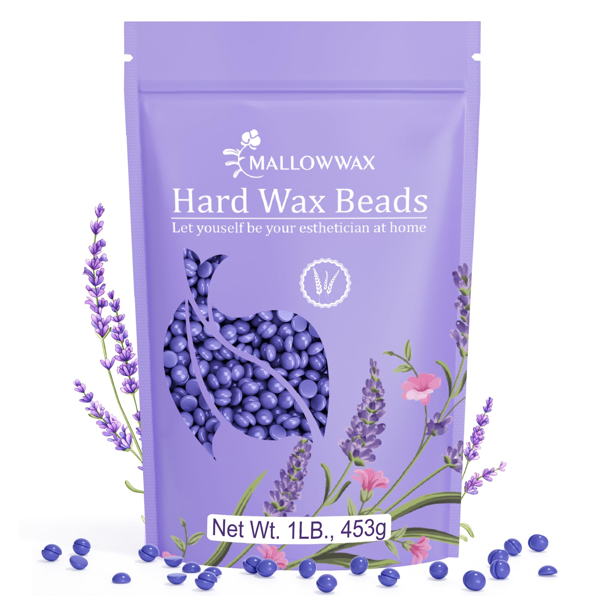 Mallowwax lavender hard wax beads in bottle for gentle at-home removal.