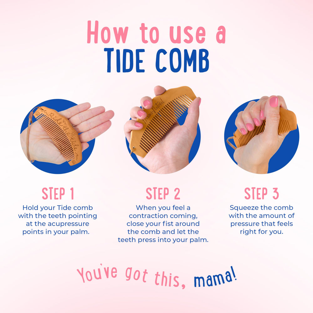 Mama Natural Tide birth comb curved shape fits naturally in your hand for easy use.