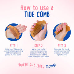 Mama Natural Tide birth comb curved shape fits naturally in your hand for easy use.