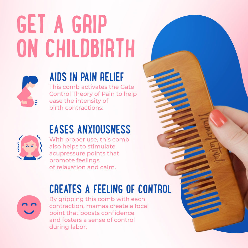 Mama Natural labor comb shows acupressure teeth at the ideal angle for targeted relief