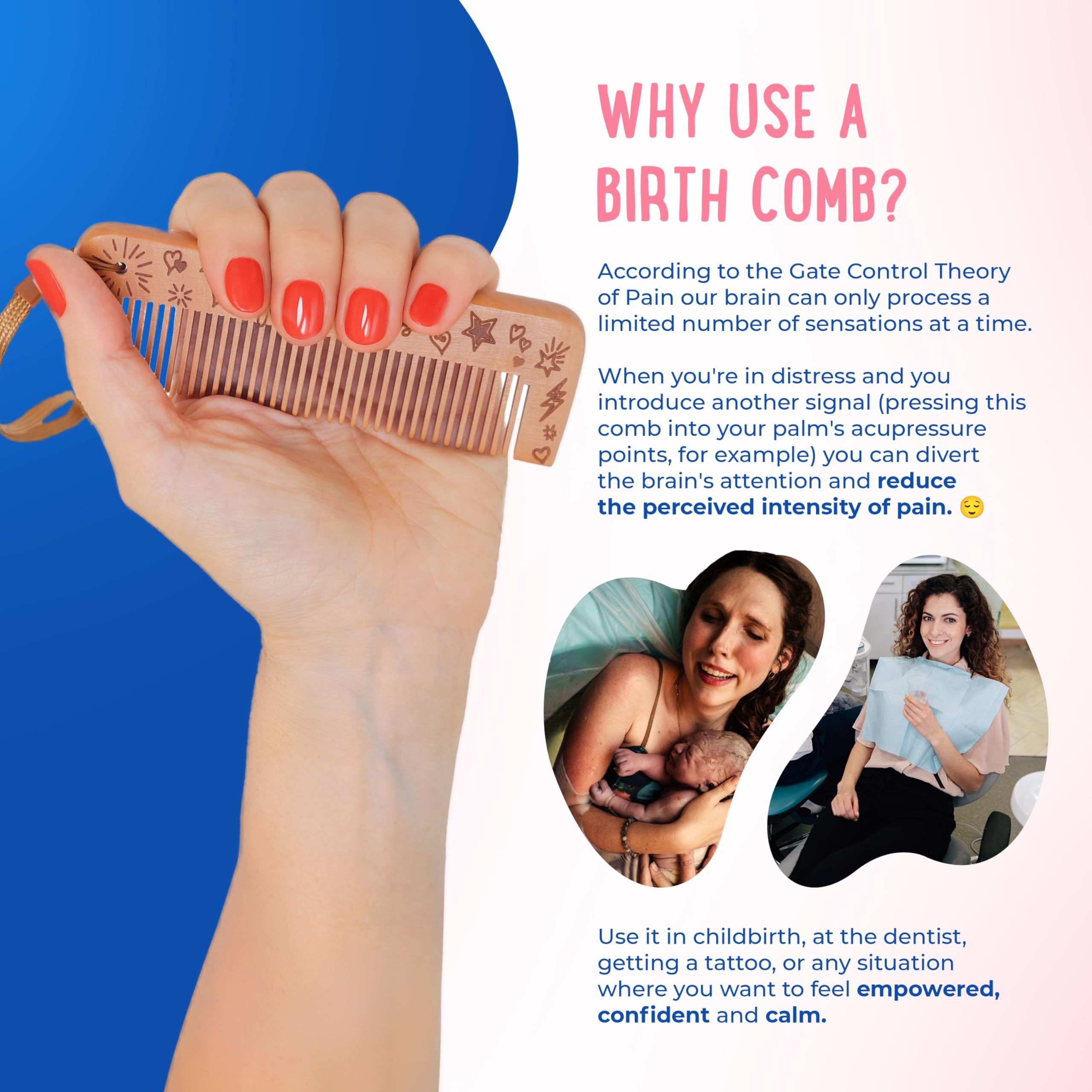 Mama Natural labor comb supports postpartum and breastfeeding relief between contractions