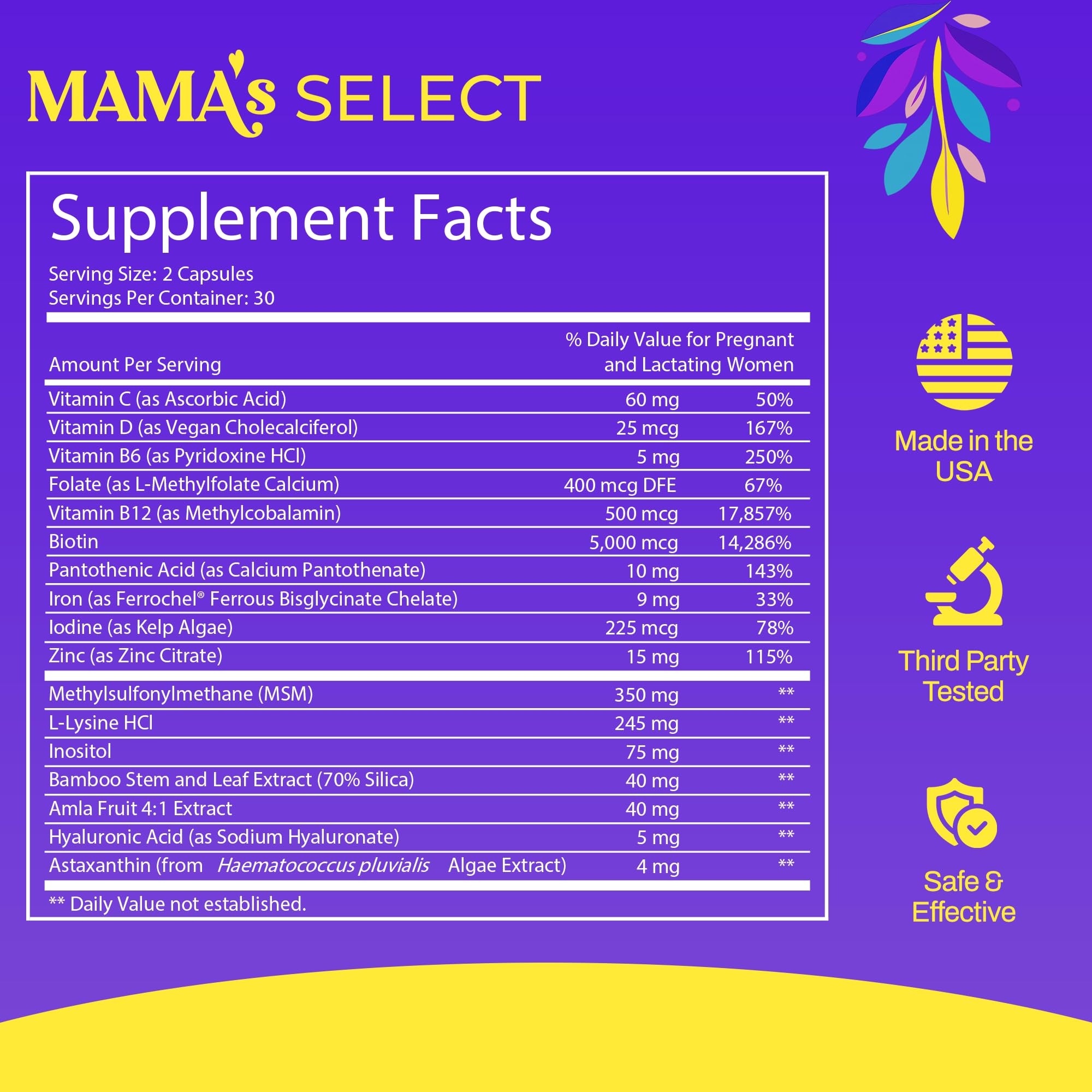 Mama's Select bottle side, highlighting capsule count for daily hair nutrition.
