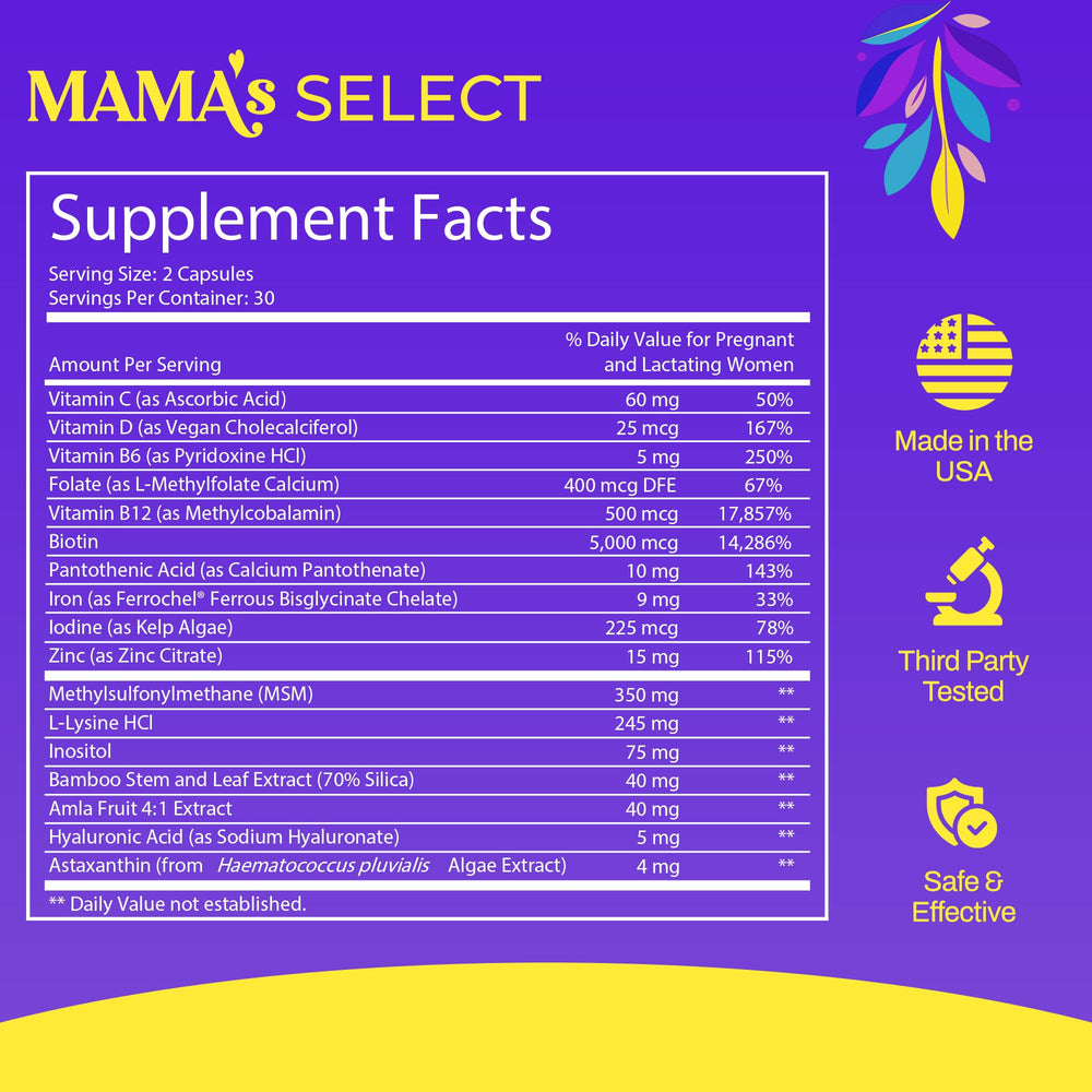 Mama's Select bottle side, highlighting capsule count for daily hair nutrition.