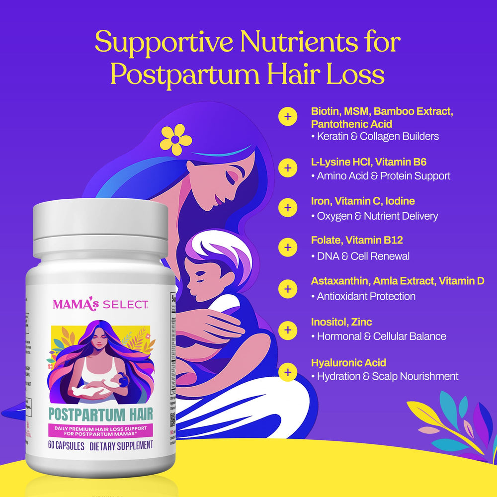 Mama's Select capsules closeup emphasizing biotin and keratin-supporting nutrients.