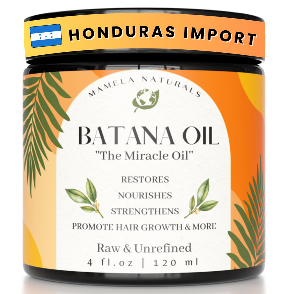 Mamela Naturals Batana oil bottle shows pure, unrefined formula for hair growth support.