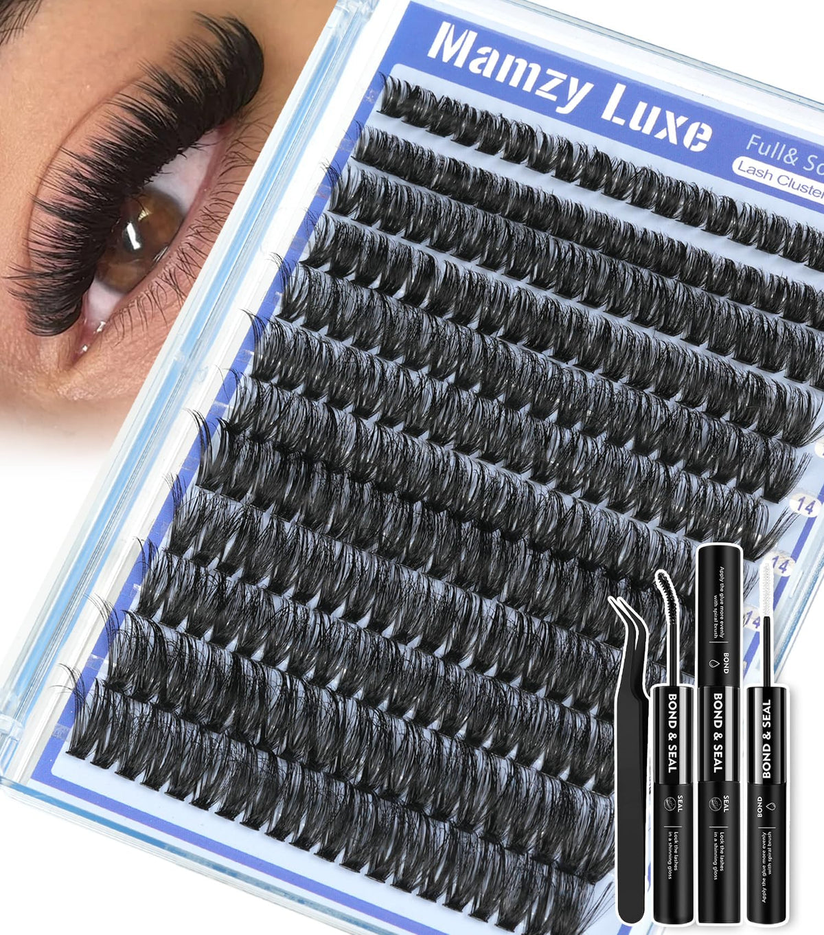 Mamzy Luxe fluffy lash clusters kit closeup, 80D D curl for natural, comfortable wear.