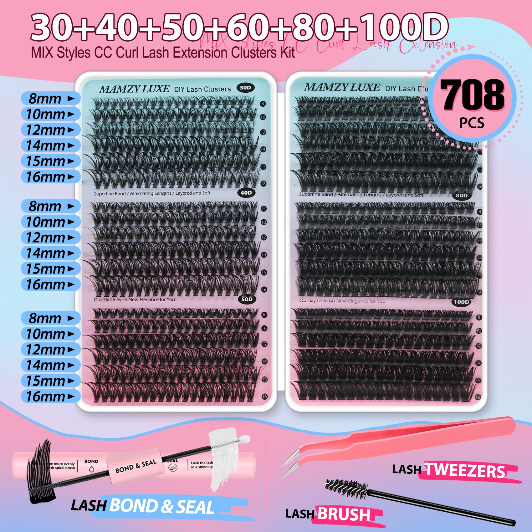 Mamzy Luxe cluster styles 30D-100D for customizable lash effects.