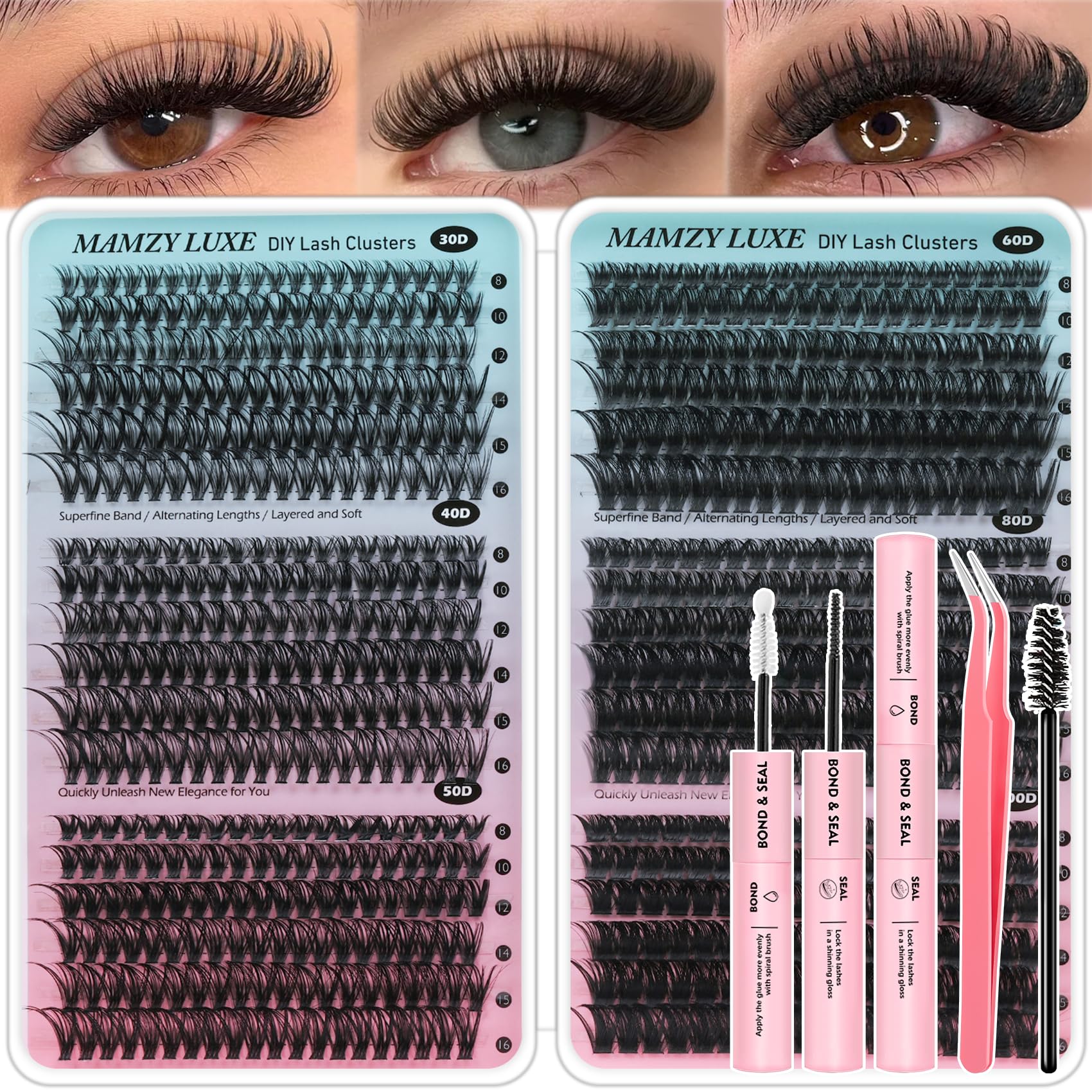 Mamzy Luxe Lash Clusters Kit 708pcs 10-16mm for versatile looks.