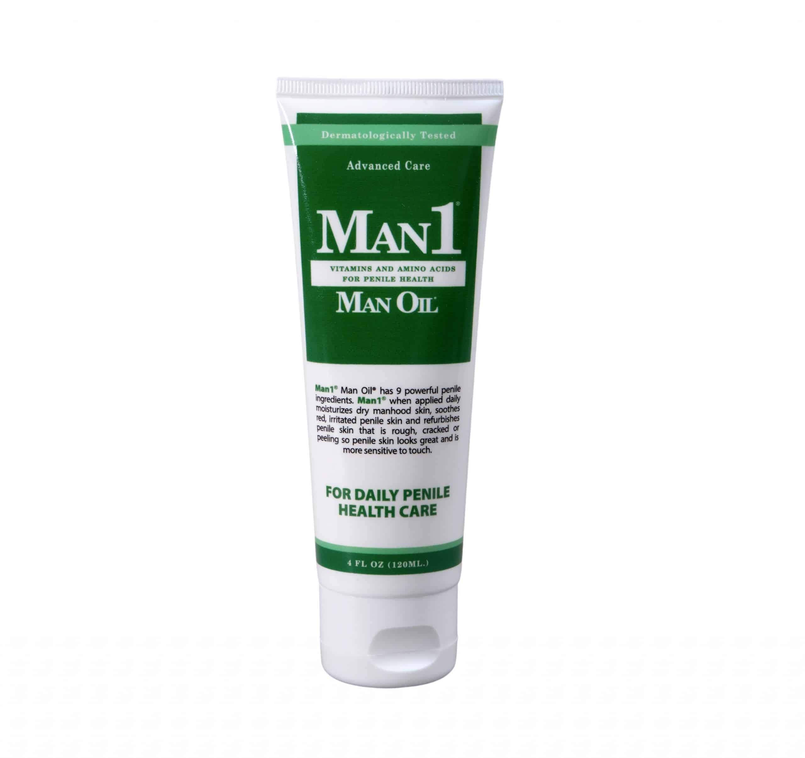 Man1 Man Oil penile health cream bottle for quick, discreet relief and moisturizing care.