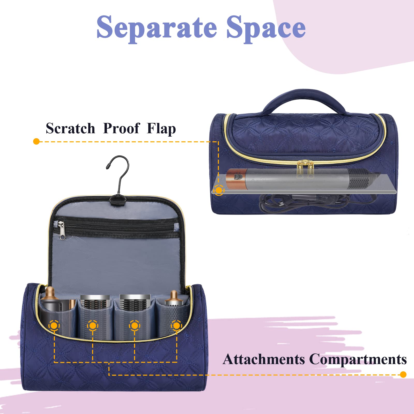 Clear zip pocket and open pouch organize oils, clips, and tools.