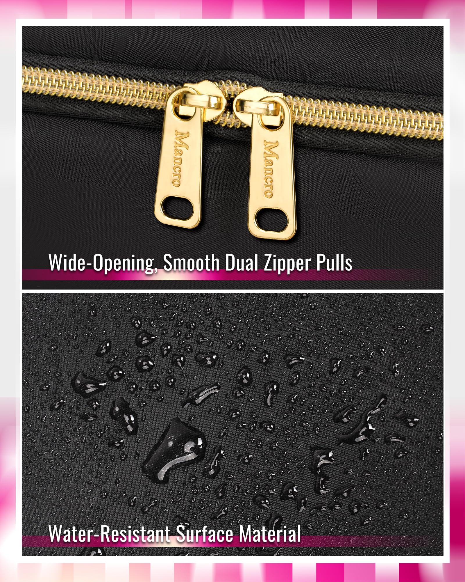 Mancro top handles for easy carrying and hanging.