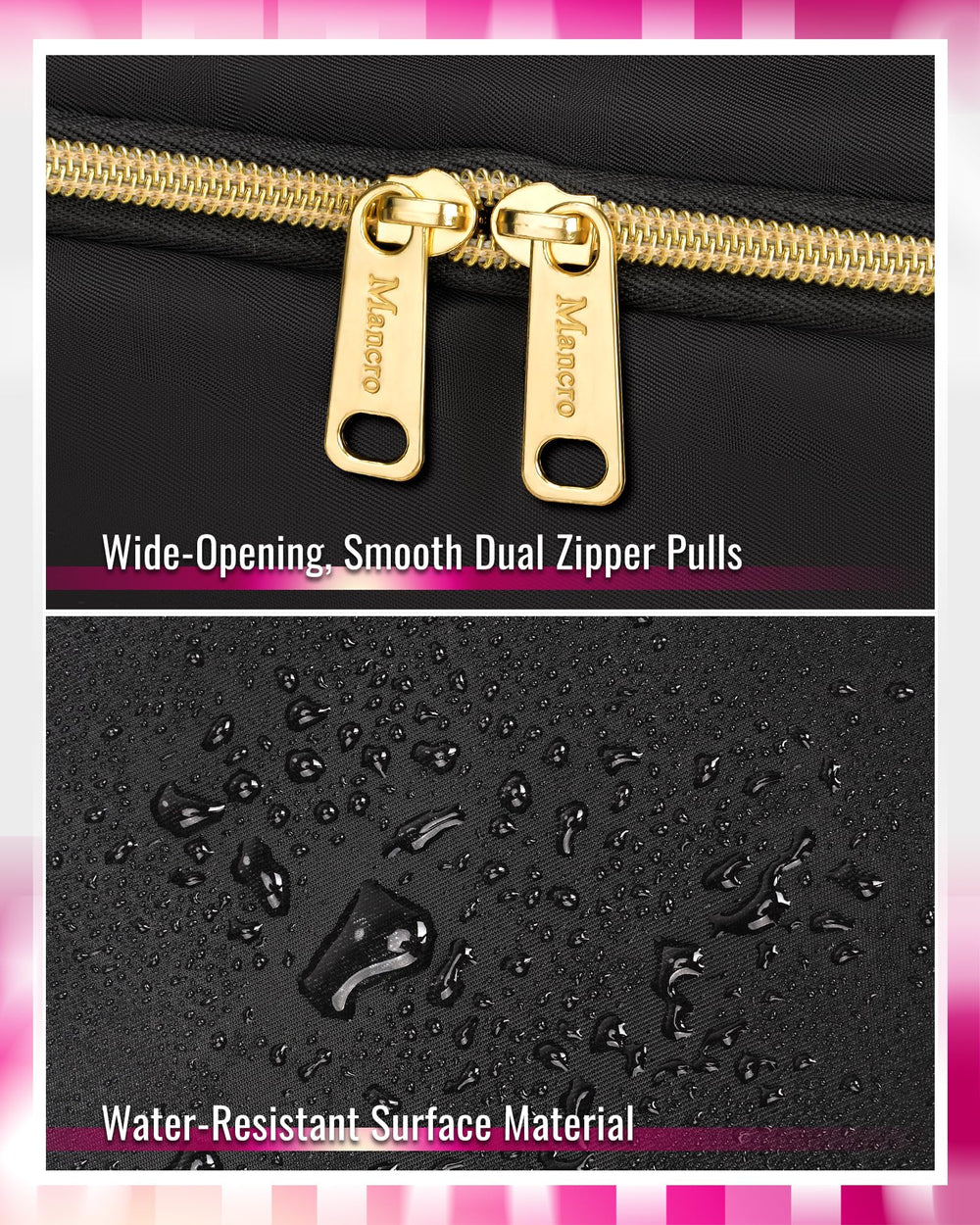 Mancro top handles for easy carrying and hanging.
