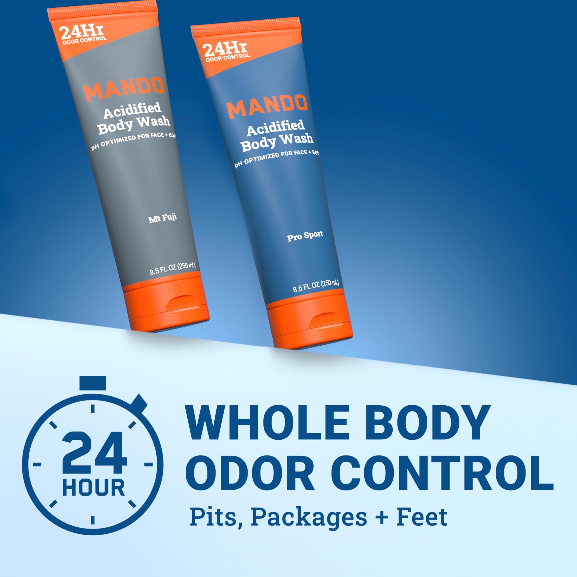 Mando Acidified Body Wash packaging emphasizing safe, skin-friendly formula