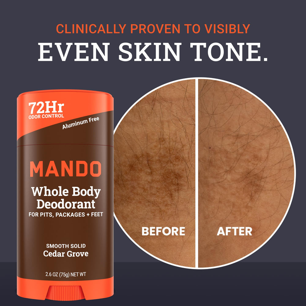 Mando aluminum-free baking soda-free label emphasizes skin-safe, gentle use.