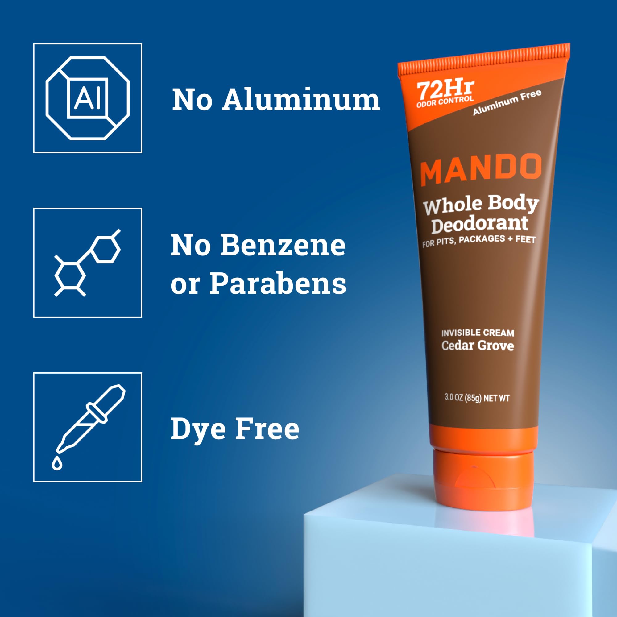 Aluminum-free and baking soda-free formula for sensitive skin areas