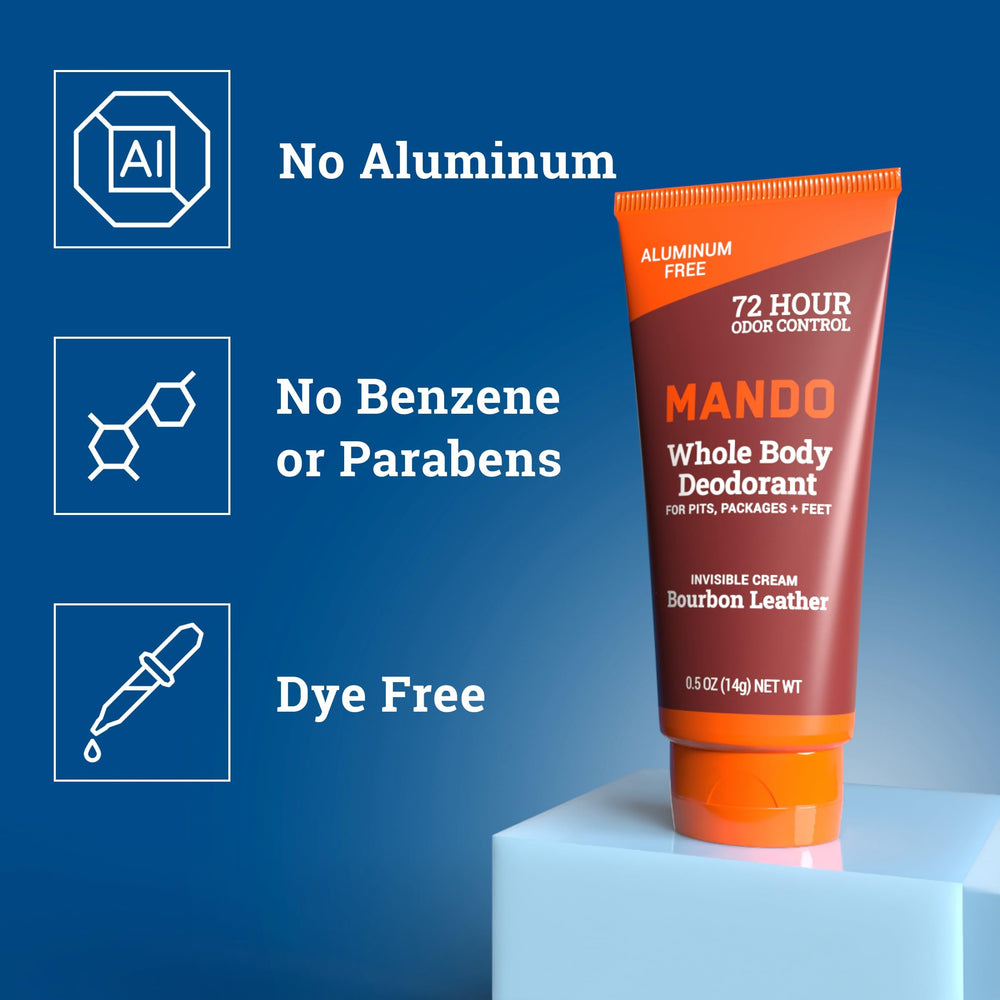 Mando aluminum-free and baking soda-free formula highlighted for skin safety
