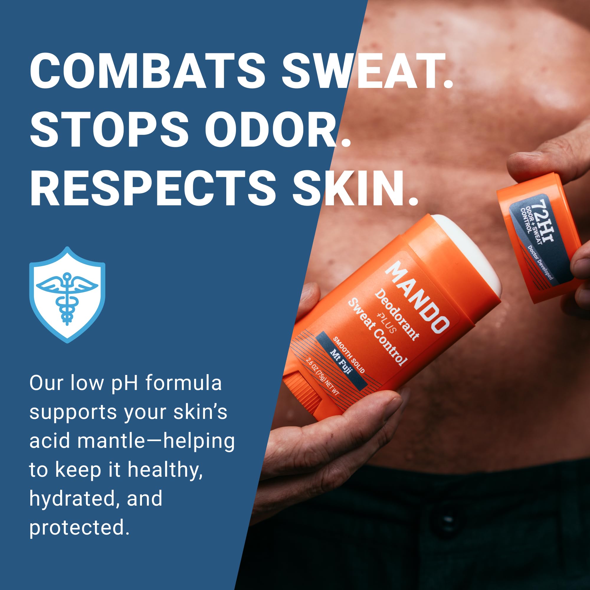 Mando antiperspirant bottle closeup shows smooth glide and dry feel.