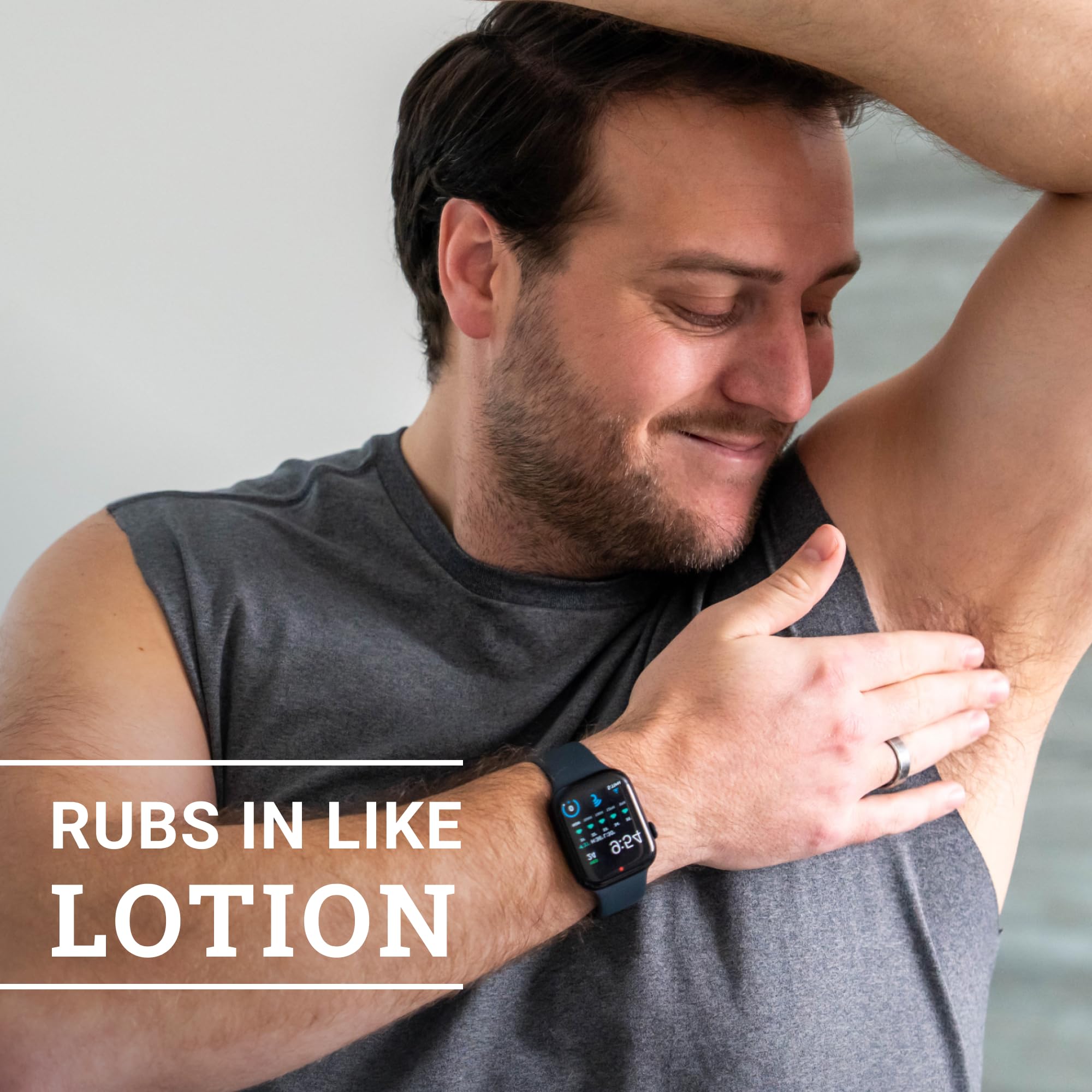 Mando applying-cream underarm to show quick, mess-free use