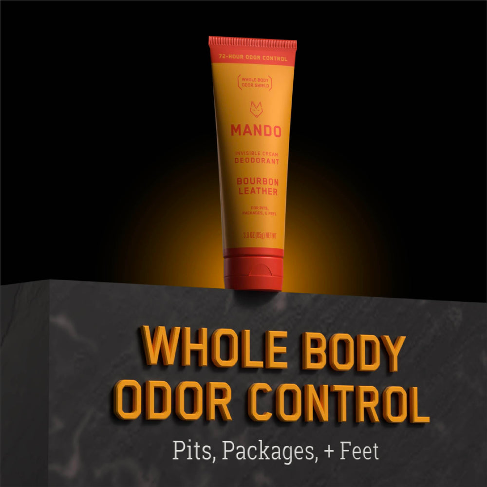 Mando Bourbon Leather Deodorant application scene demonstrates quick, comfortable wear.