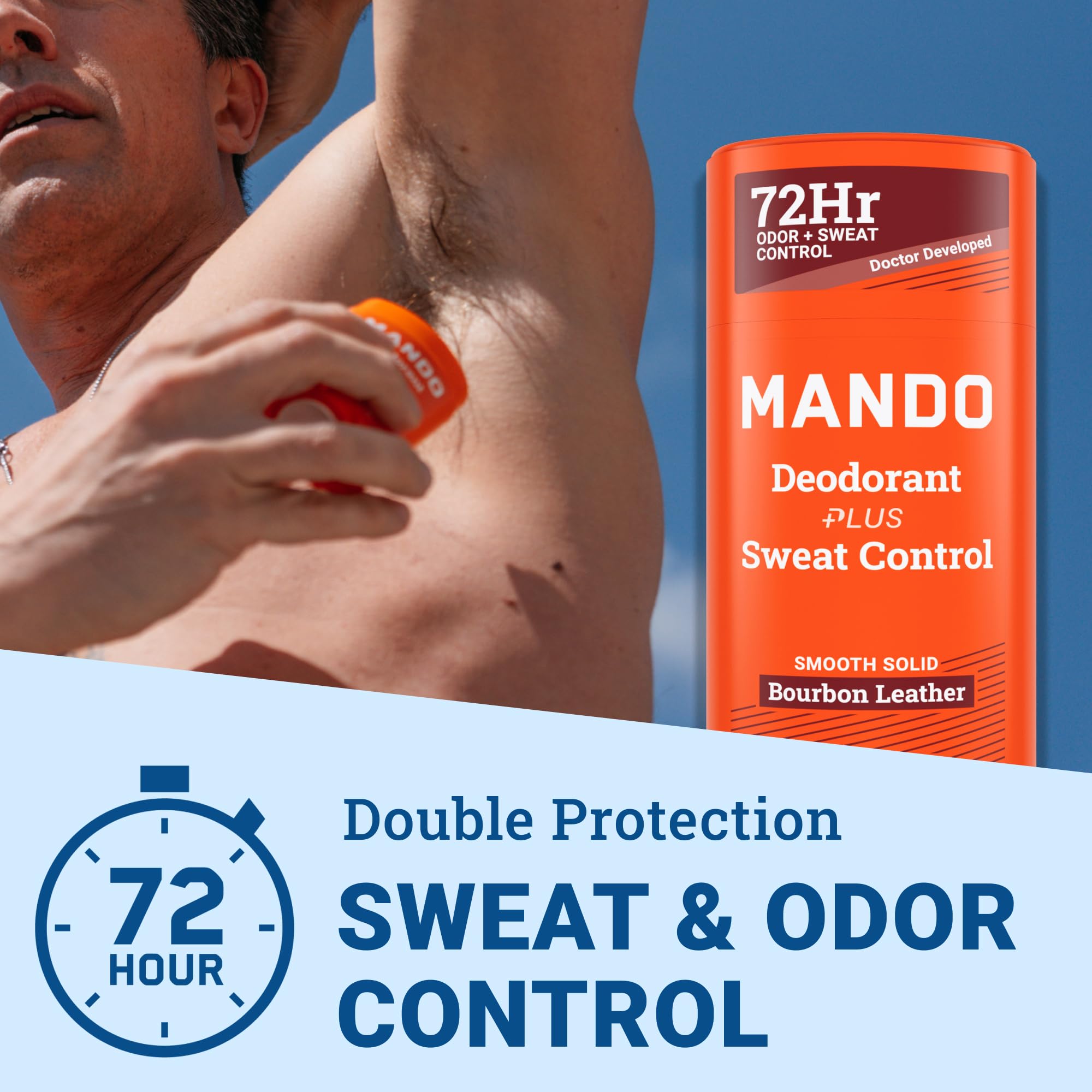 Mando Bourbon Leather deodorant application image showing easy use and coverage.