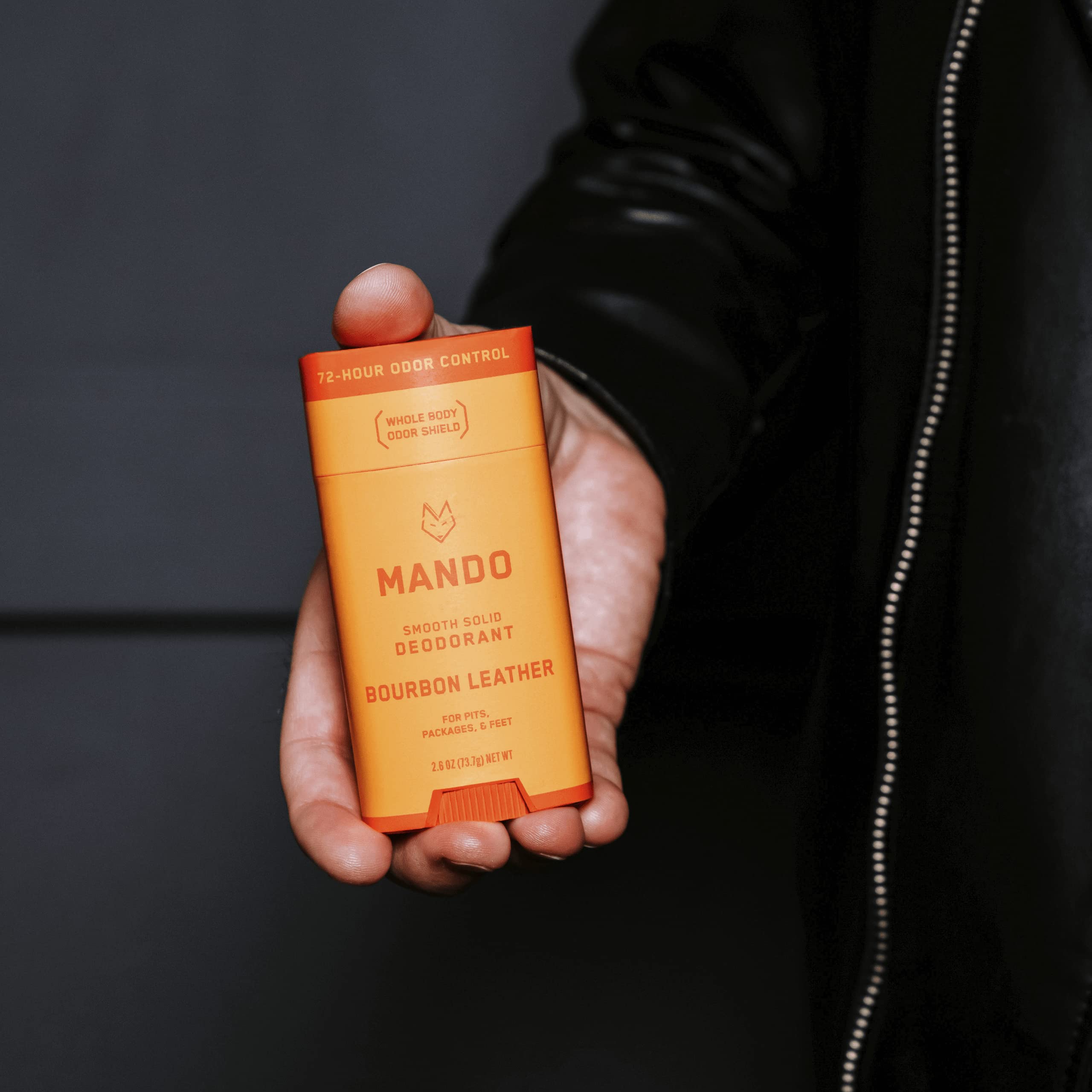 Mando Bourbon Leather Deodorant ingredients close-up notes aluminum-free and baking soda-free formula.