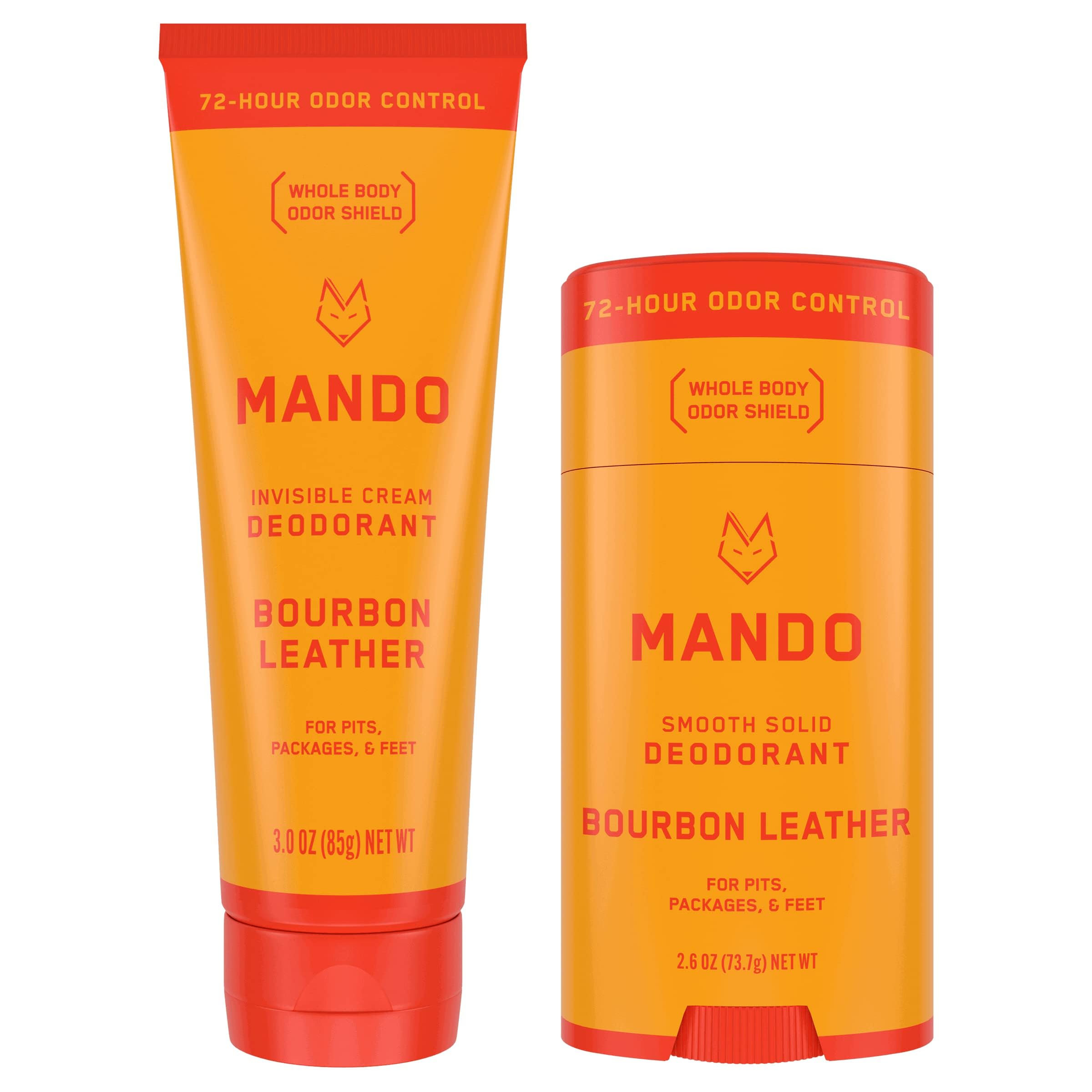 Mando Bourbon Leather Deodorant bottle shows long-lasting odor protection for all-day freshness.