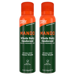 Mando Clover Woods deodorant can front view showing odor protection badge for all-day freshness