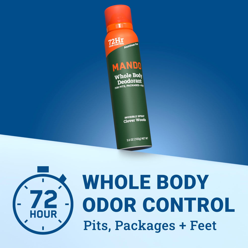 Mando Clover Woods deodorant can side view highlighting free-from claims
