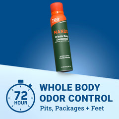 Mando Clover Woods deodorant can side view highlighting free-from claims