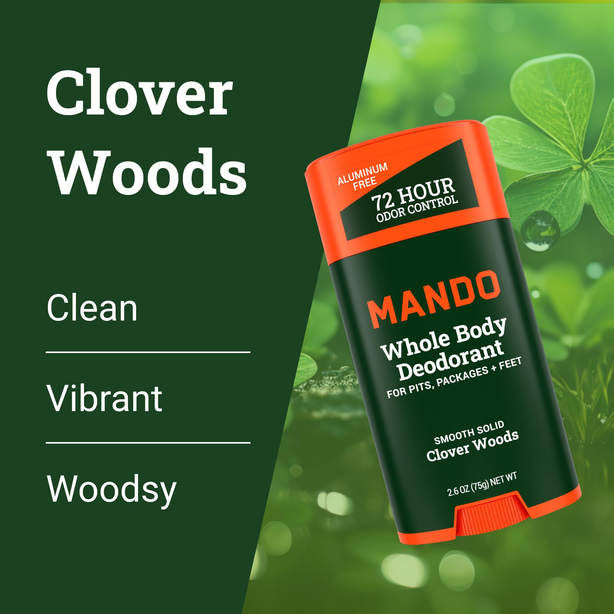 Mando Clover Woods scent bottle conveys natural aroma.