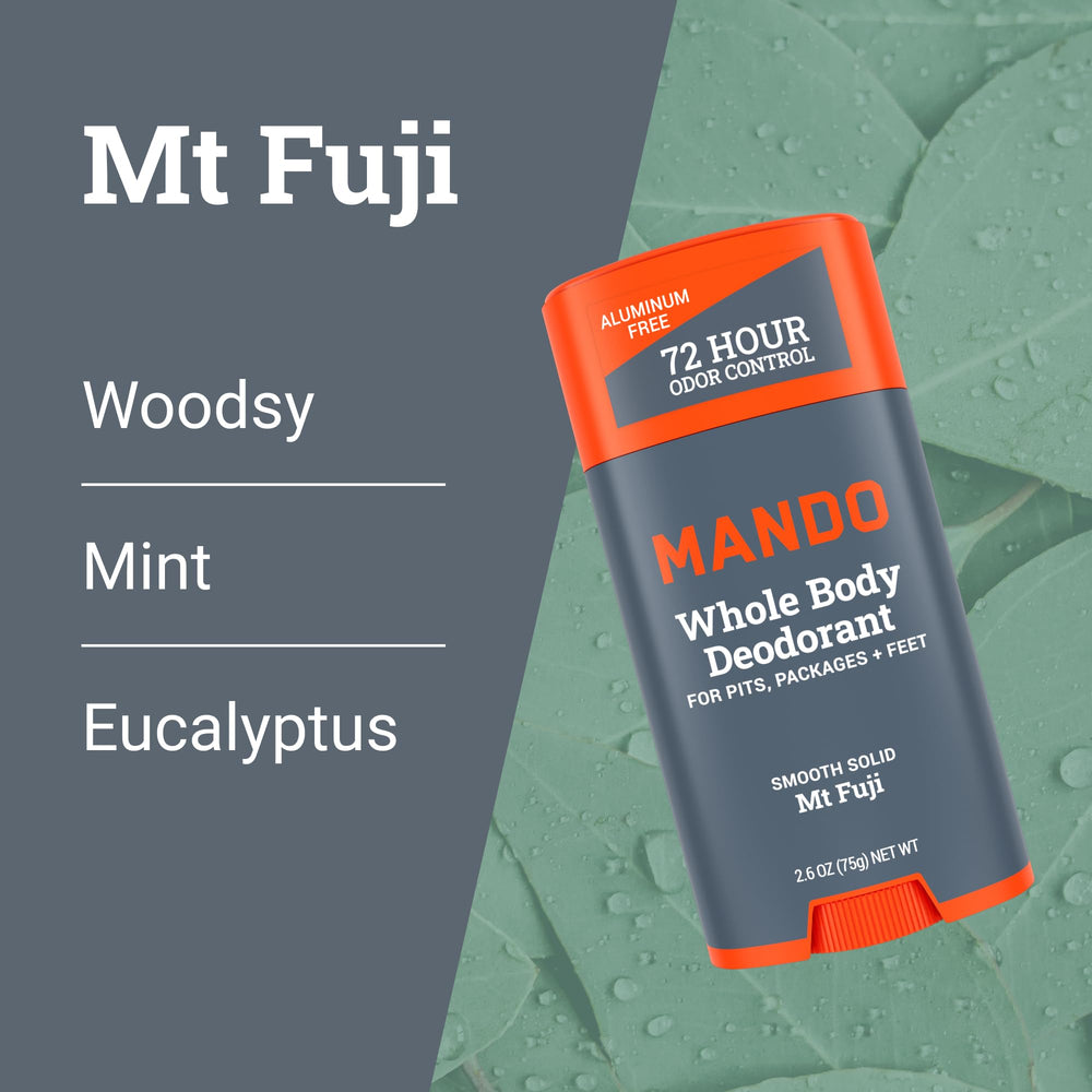 Mando deodorant texture close-up shows a smooth solid stick.