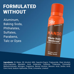 Mando low irritation formula close-up label signals skin-friendly use.