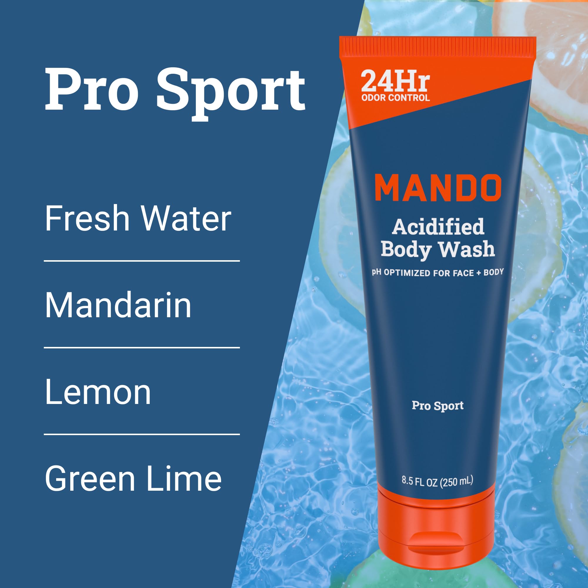 Mando odor-control graphic illustrating 24-hour protection after shower