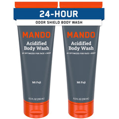 Mando Odor Shield Body Wash bottle showing 24-hour odor control feature.