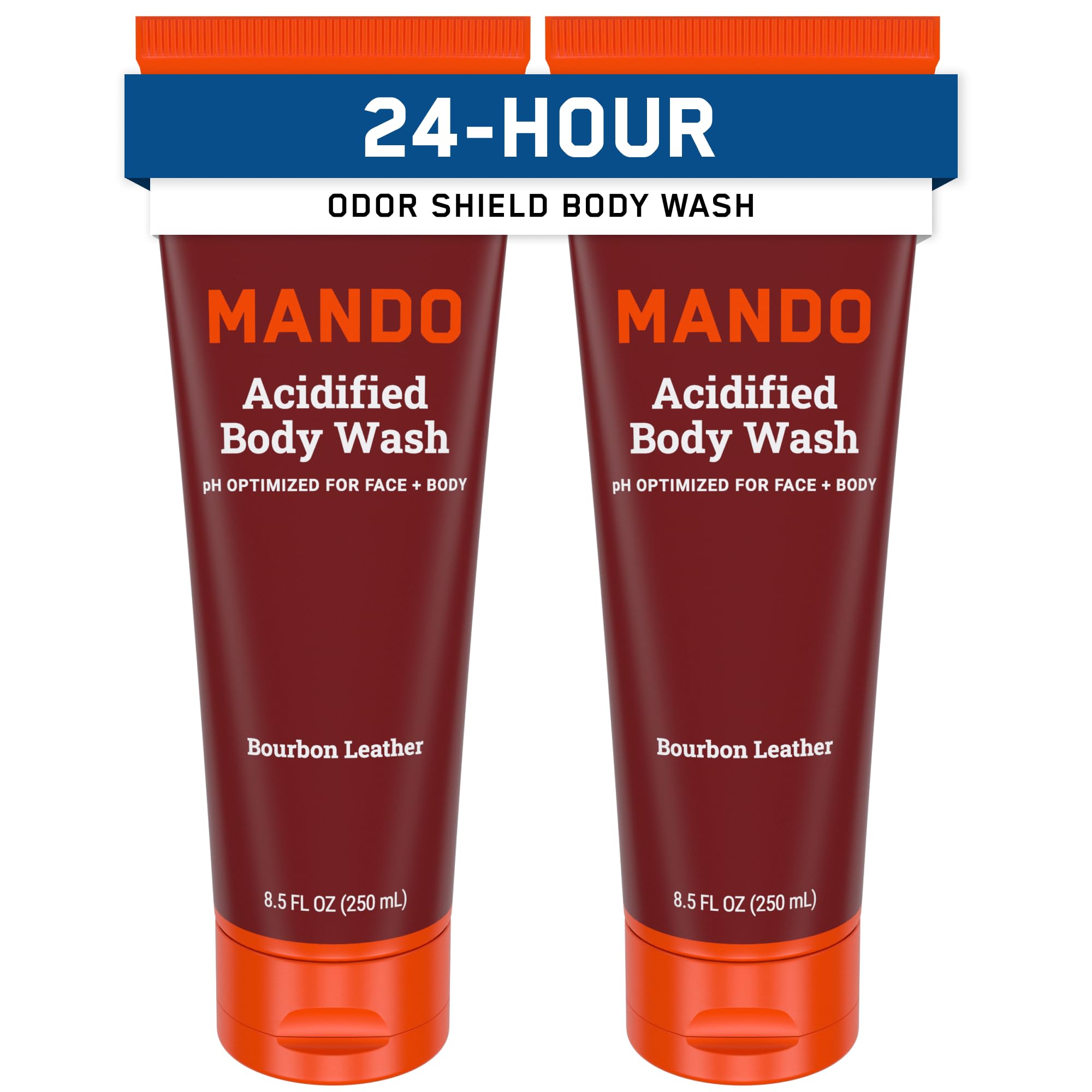Mando Odor Shield Body Wash bottle shows Bourbon Leather scent for all-day odor control.