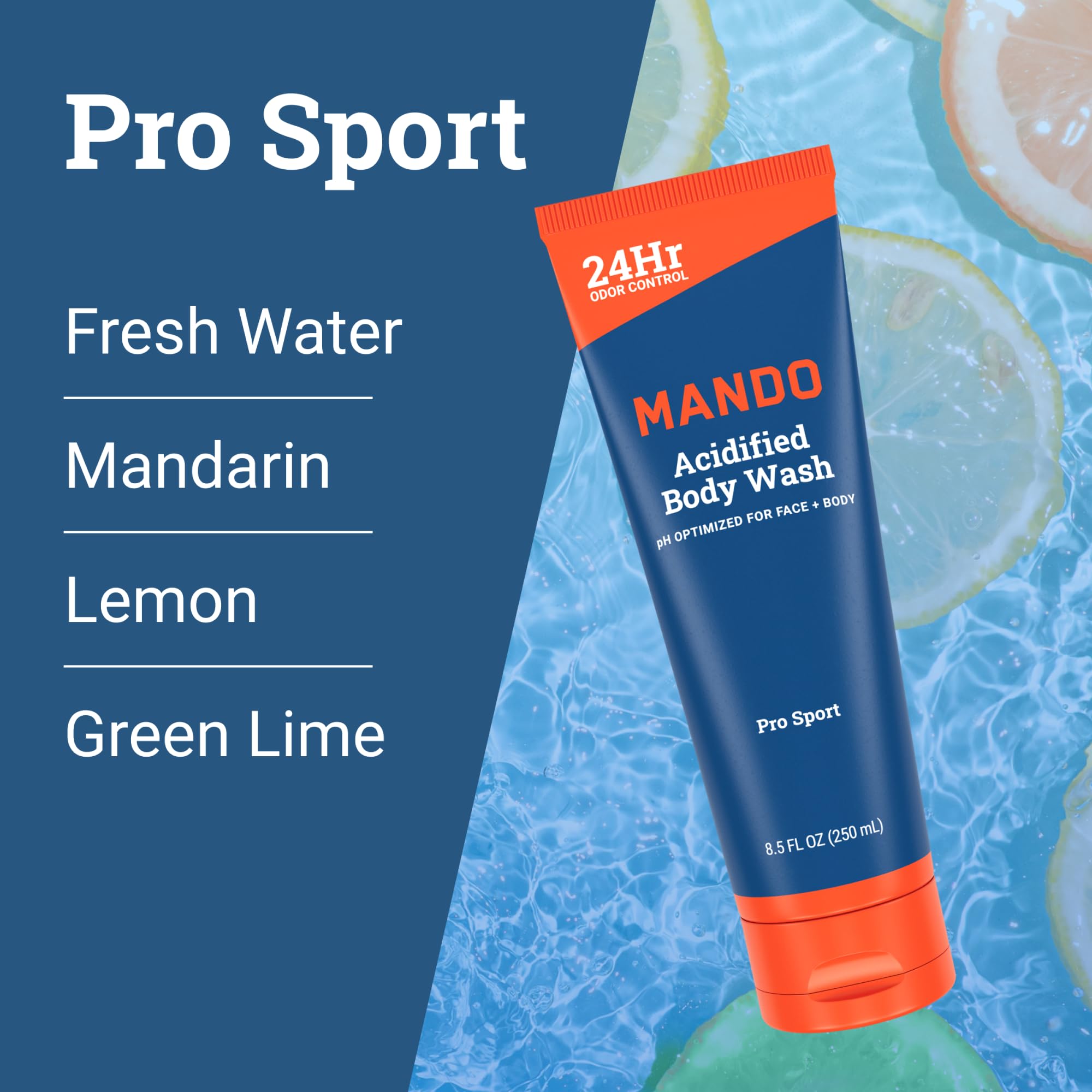 Mando Odor Shield label close-up highlights SLS-free formula for gentle cleansing.