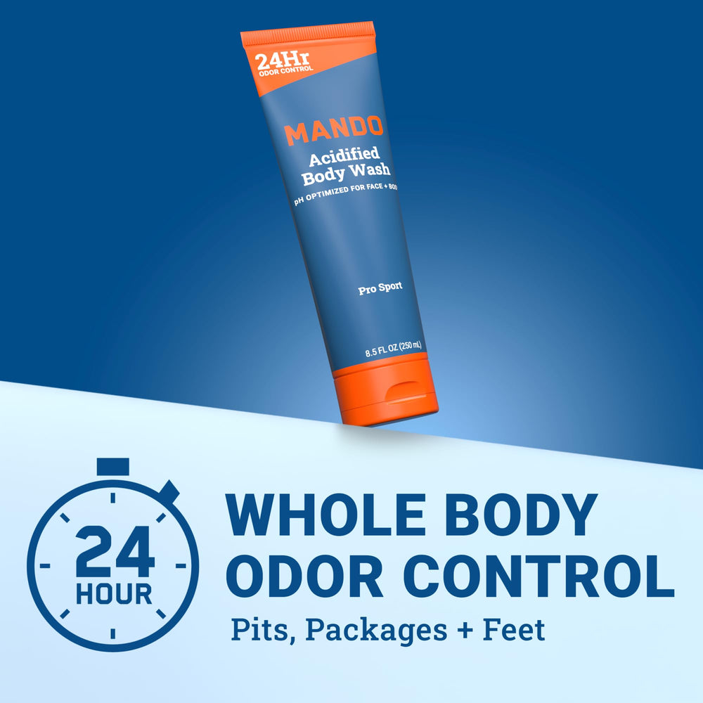 Pour shot of Mando Odor Shield Body Wash demonstrates gentle cleansing for daily freshness.