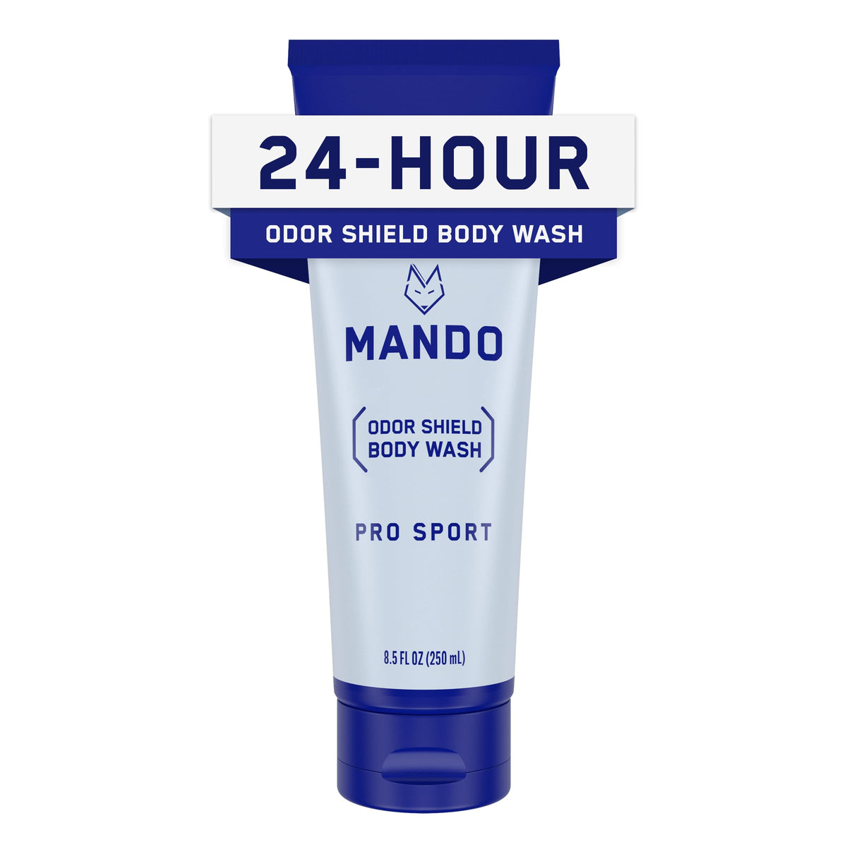 Mando Odor Shield body wash bottle front showcases its odor-control design.