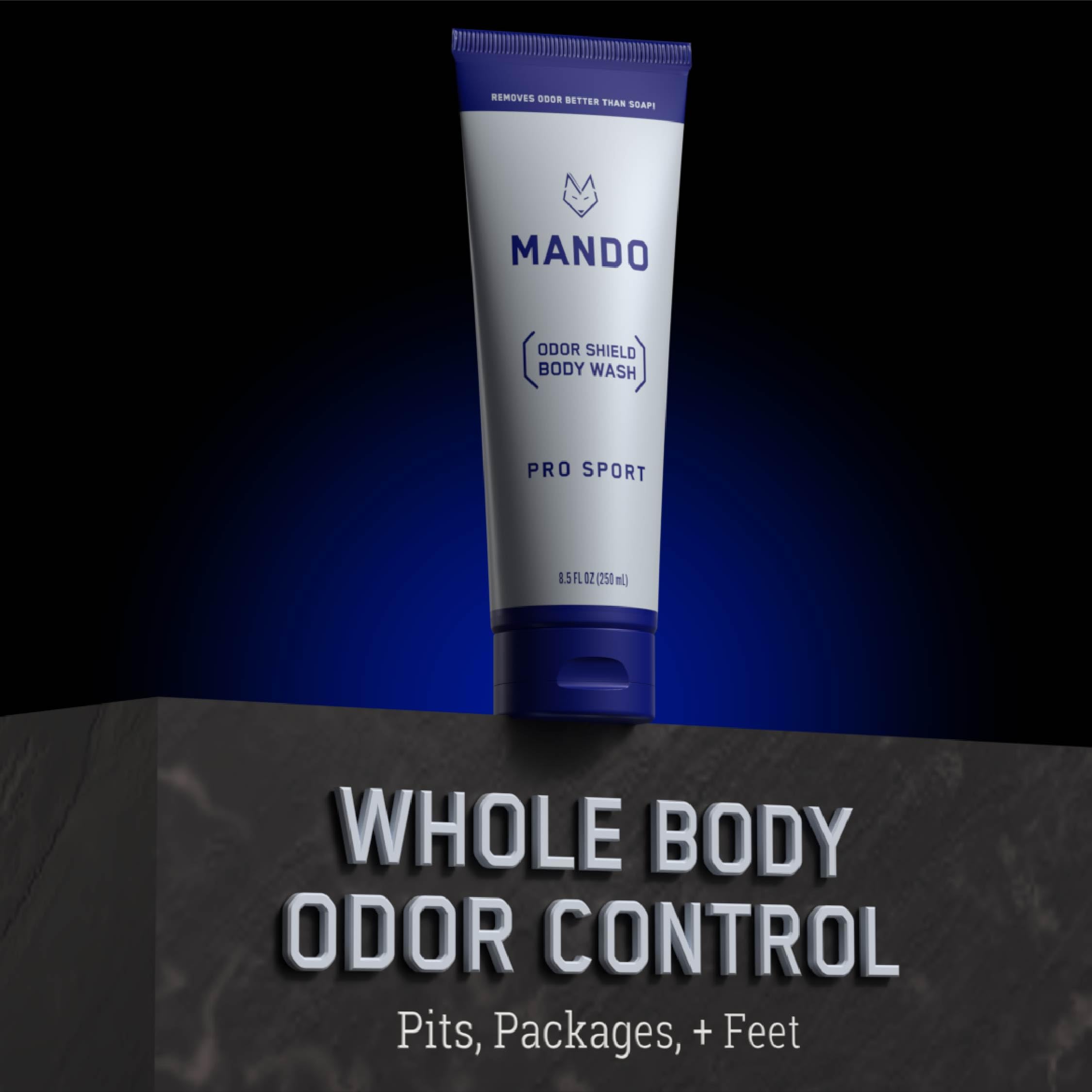 Mando Odor Shield with water droplets evokes refreshing post-shower use.