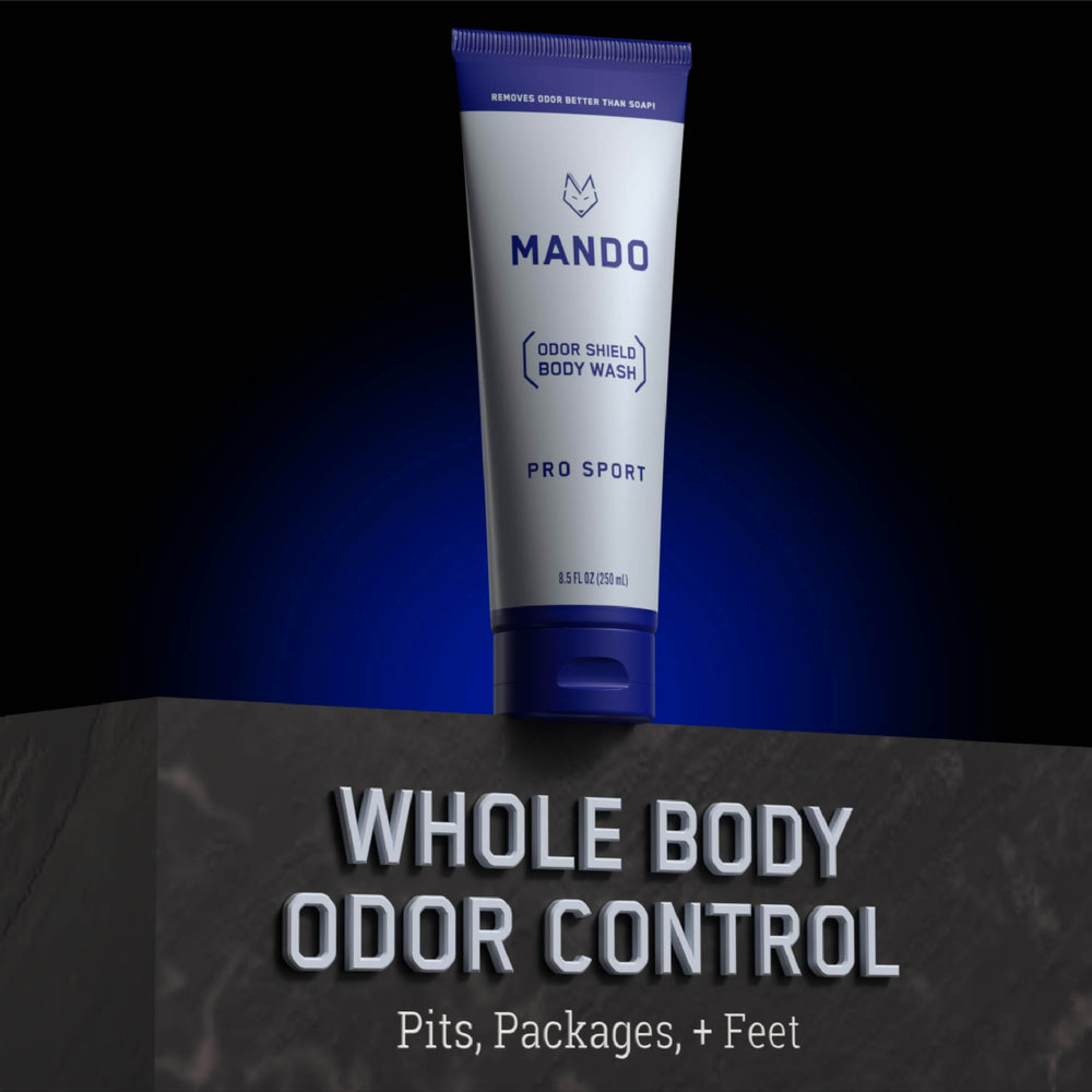 Mando Odor Shield with water droplets evokes refreshing post-shower use.