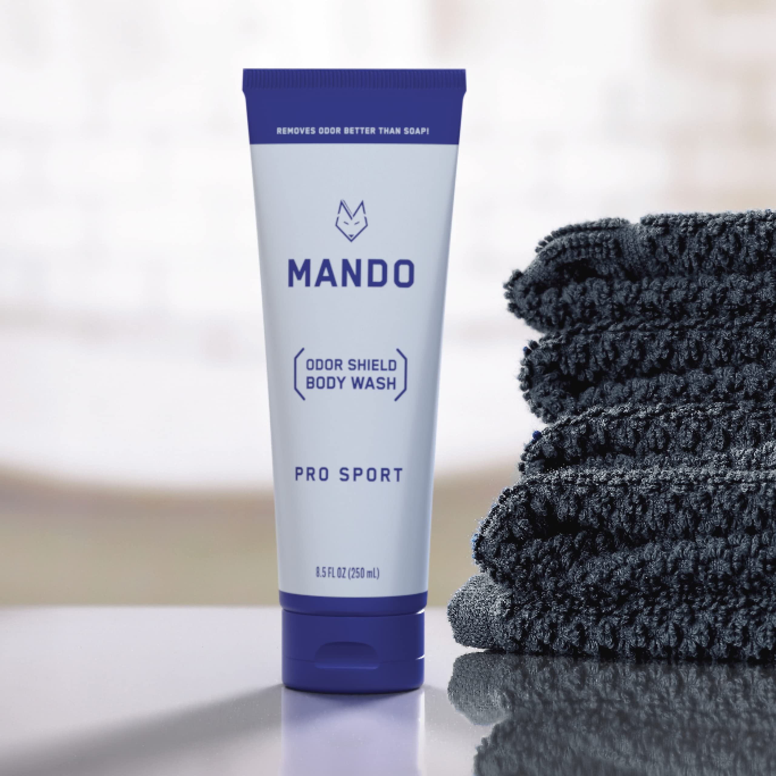Mando Odor Shield packaging on display highlights SLS and parabens free claim.