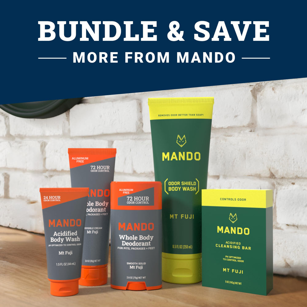 Illustration of odor protection from pits to feet using Mando wash.