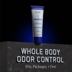 Mando Pro Sport icon highlights aluminum-free and baking soda-free formula.