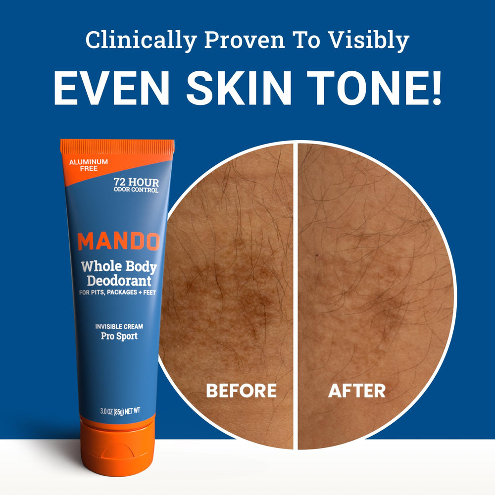Mando skin-safe formula highlighting aluminum-free protection.