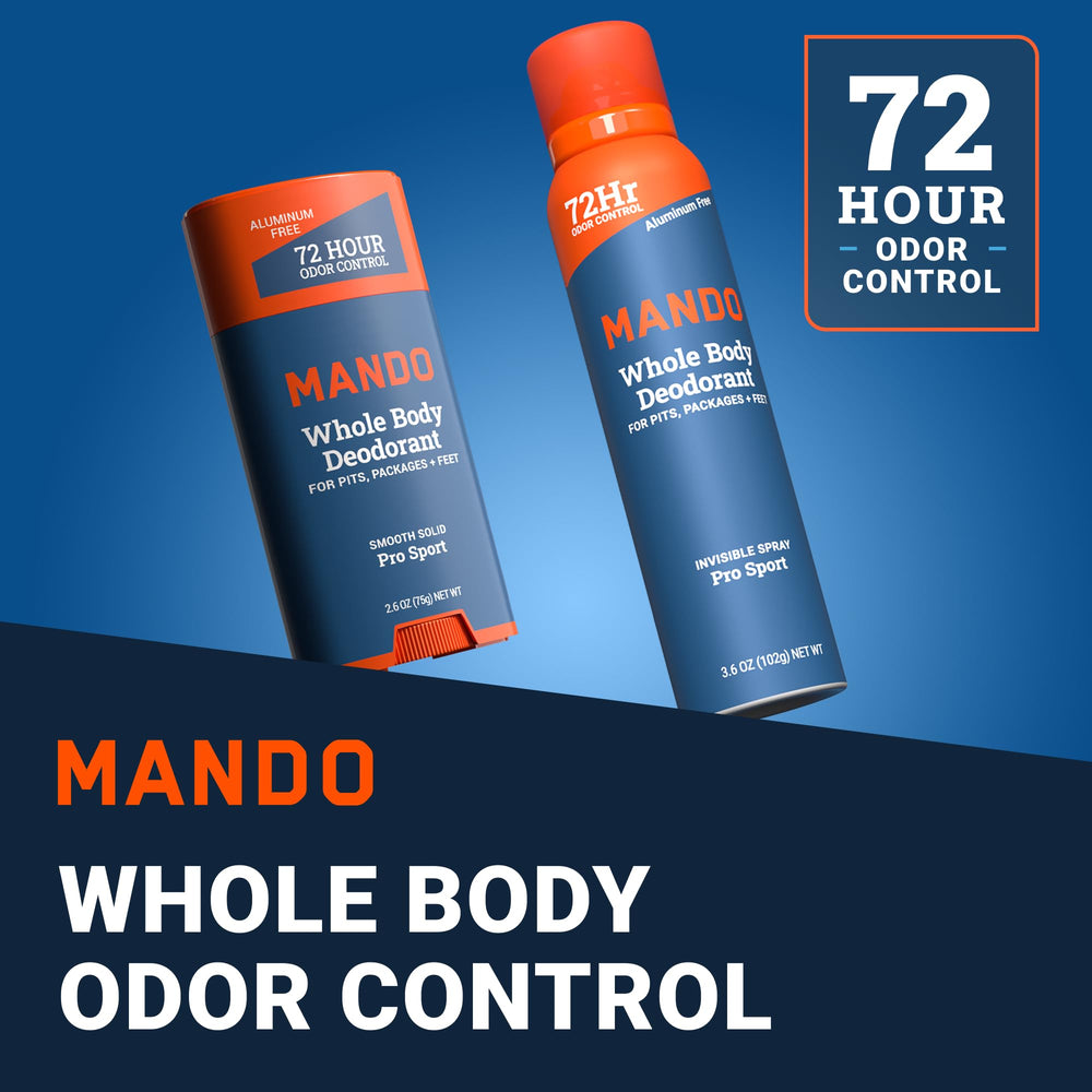 Mando two-piece bundle featuring invisible spray deodorant for hard-to-reach areas.