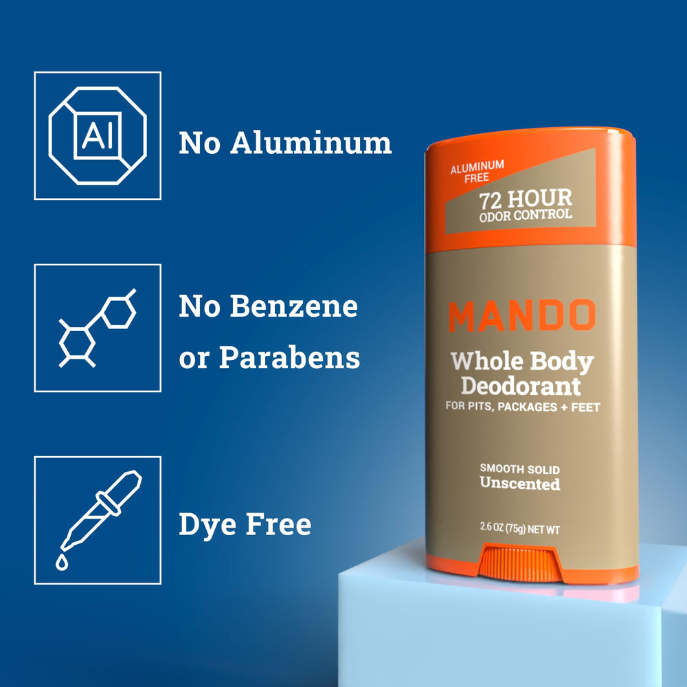 Mando Unscented packaging highlights a fragrance-free option suitable for sensitive skin.