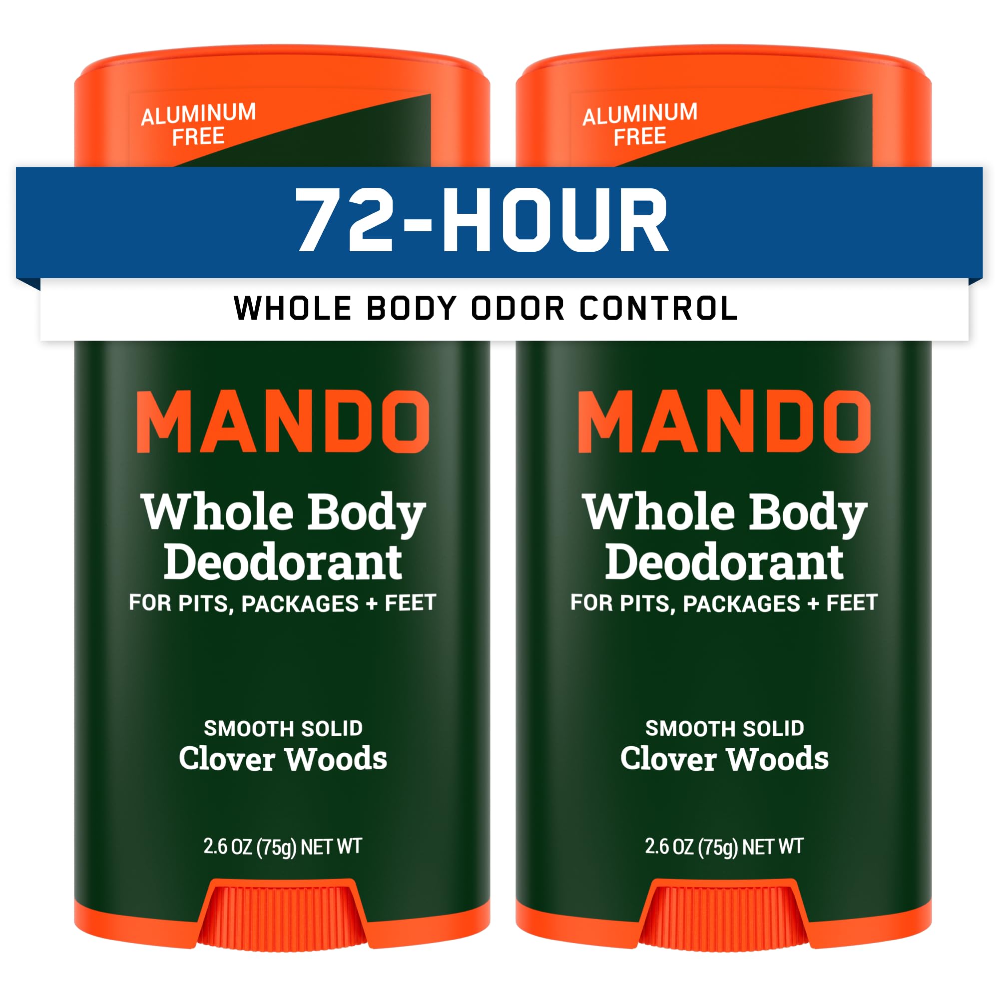 Mando whole body deodorant for men front packaging highlights aluminum-free, long-lasting odor protection.