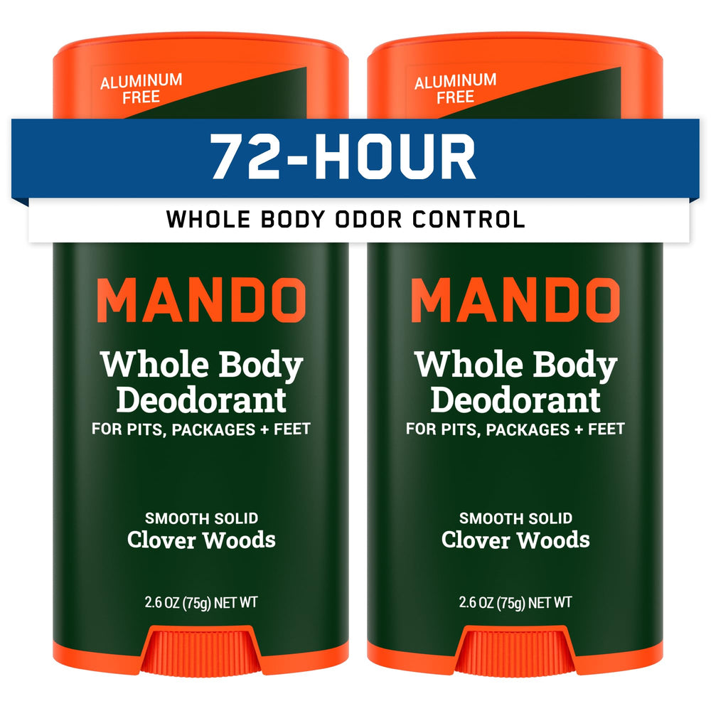 Mando whole body deodorant for men front packaging highlights aluminum-free, long-lasting odor protection.